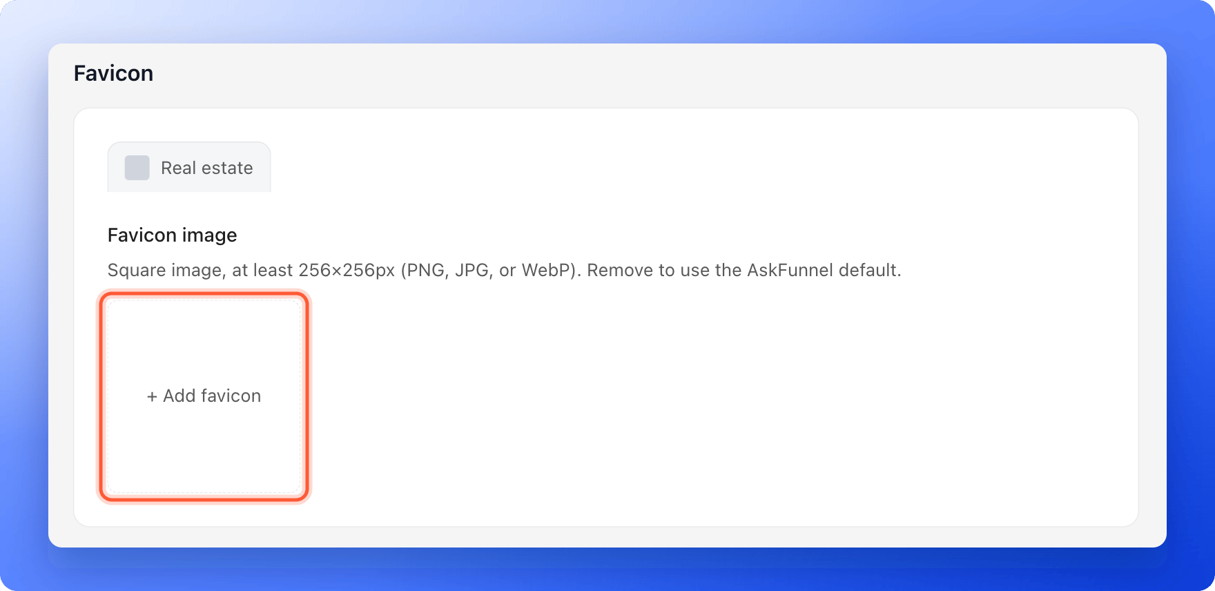 The Favicon settings with a browser tab preview and the Add favicon area highlighted