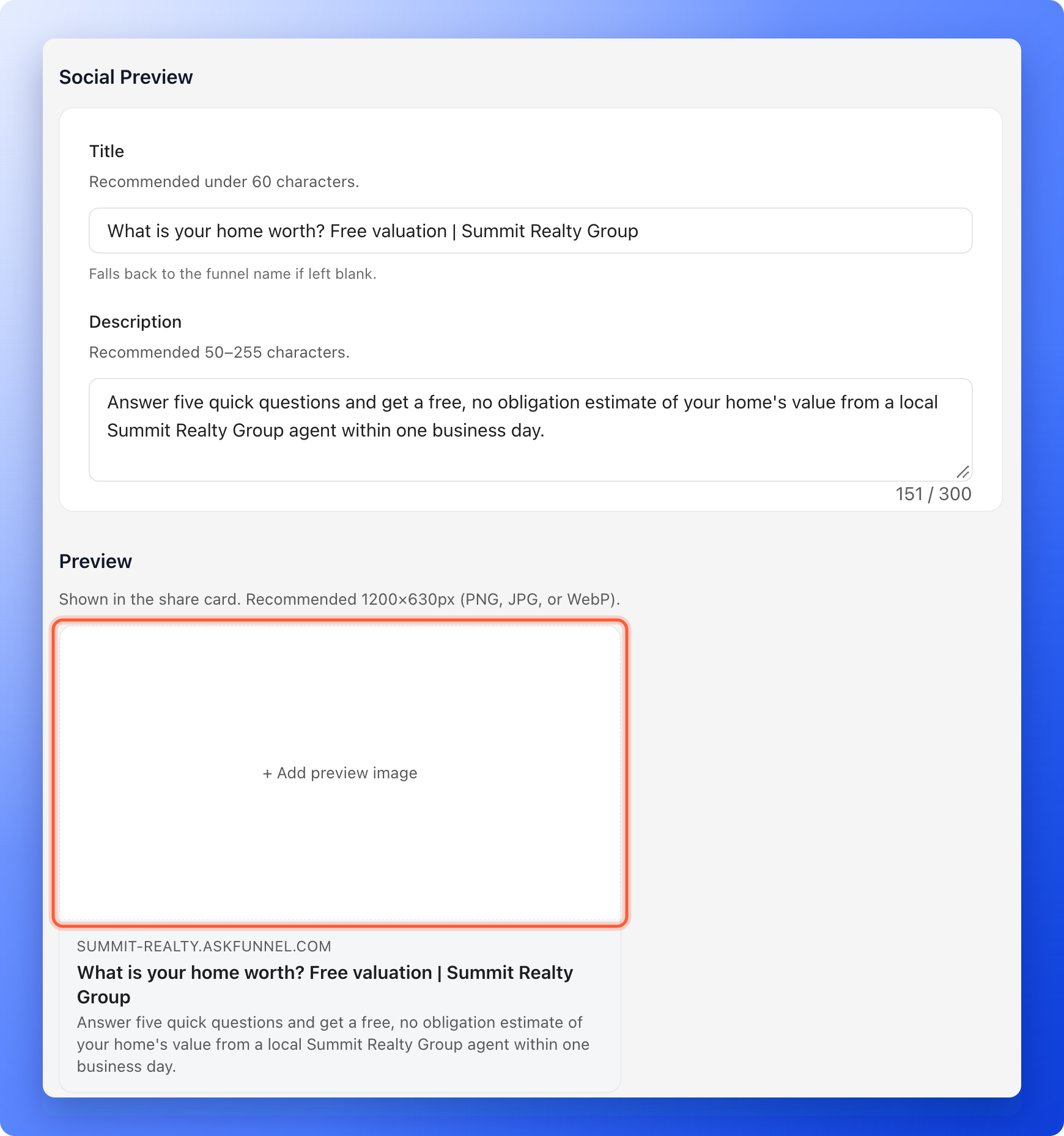The Social Preview settings with a title and description typed in and the Add preview image area highlighted