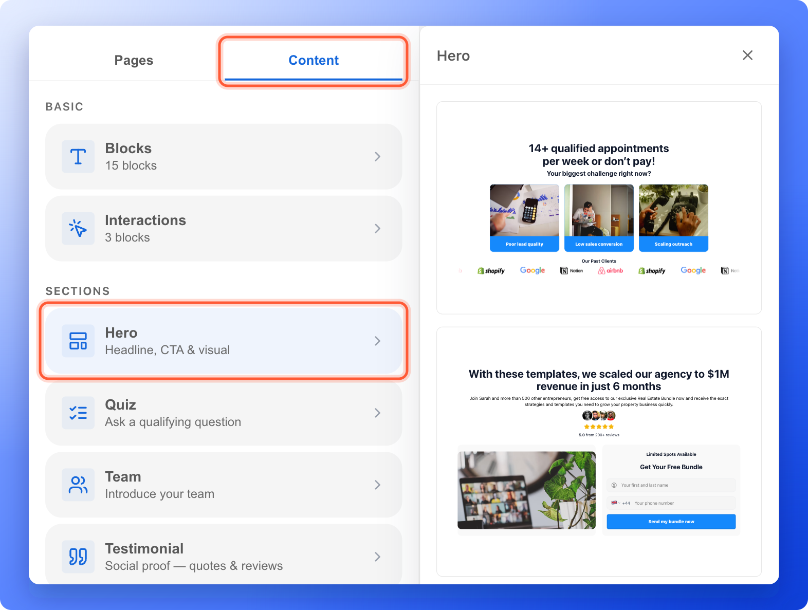 The Content tab and the Hero section highlighted, with different Hero designs to choose from on the right