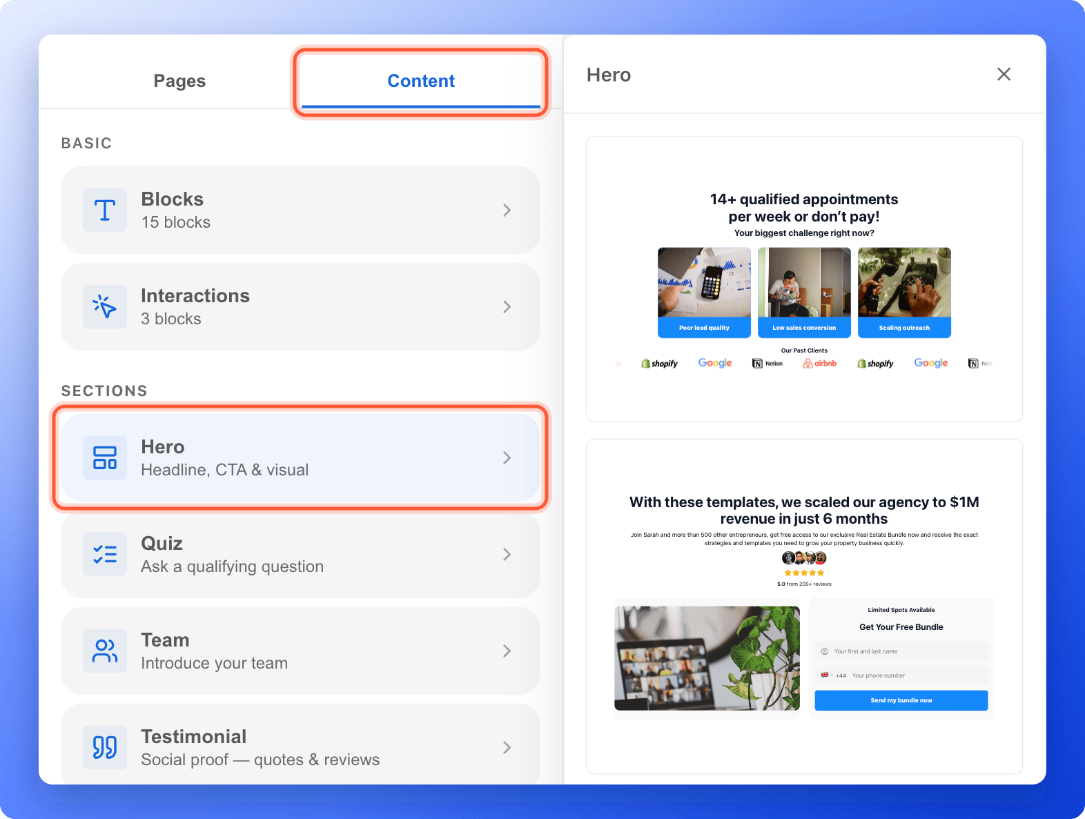 The Content tab and the Hero section highlighted, with different Hero designs to choose from on the right