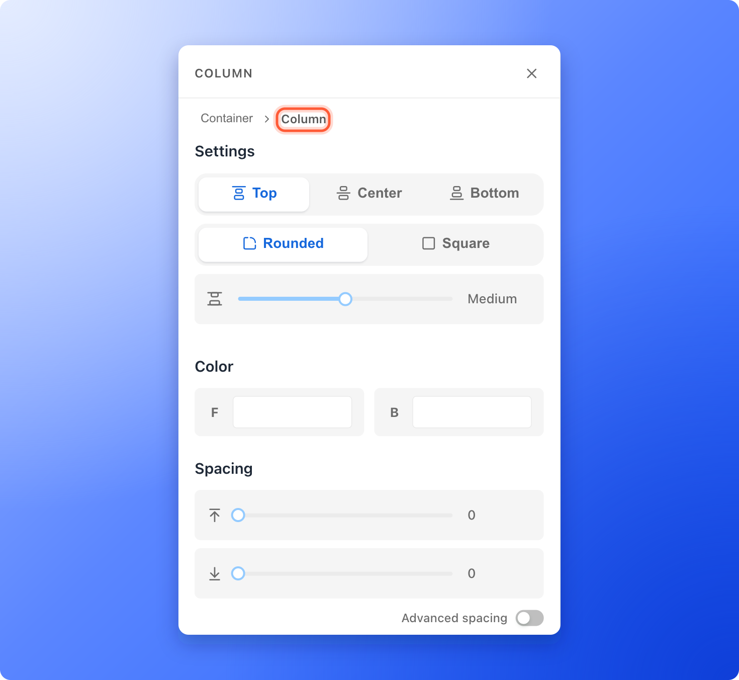 The Column settings panel with the Container, Column path highlighted at the top and the alignment, corner, gap and color settings below