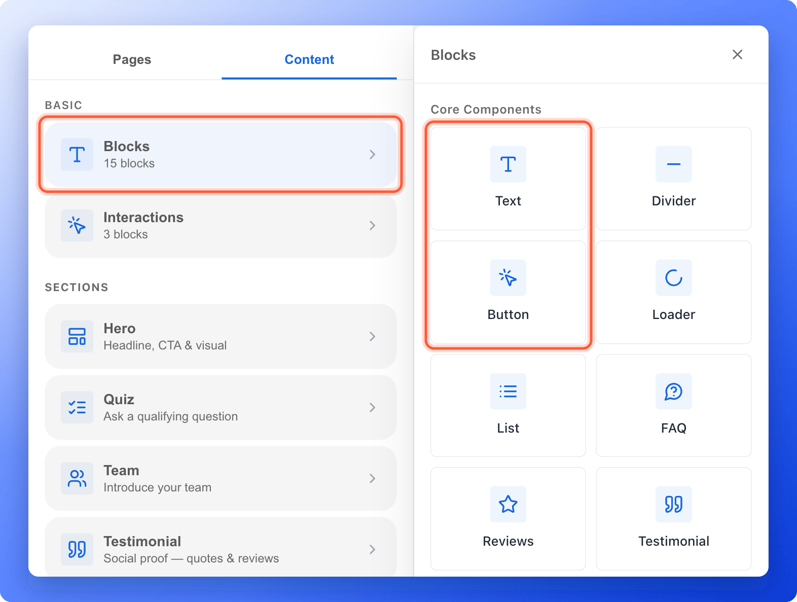 The Blocks panel with the Blocks menu item and the Text and Button blocks highlighted