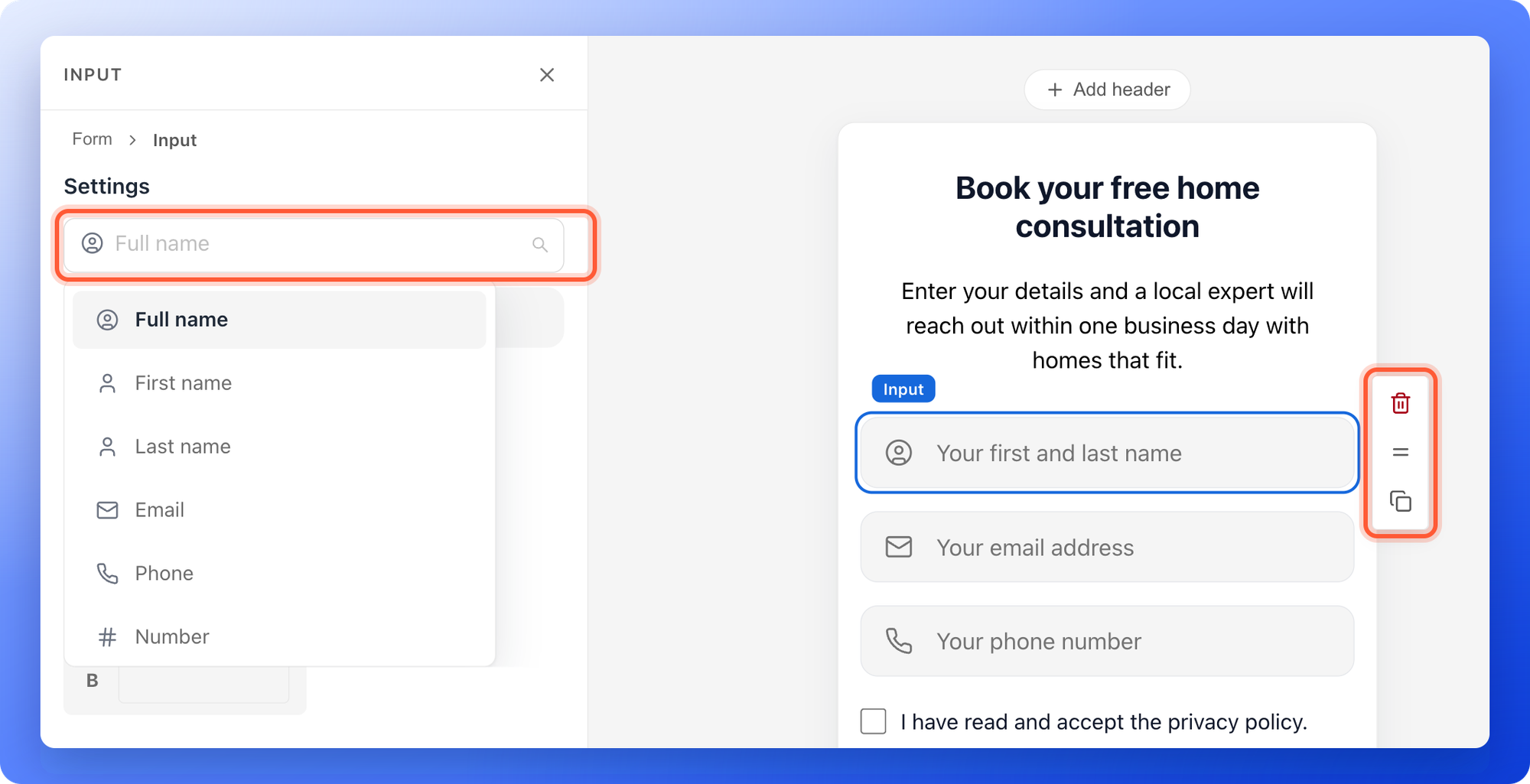 A selected form field with the field type list open and the toolbar with delete, reorder and duplicate icons highlighted