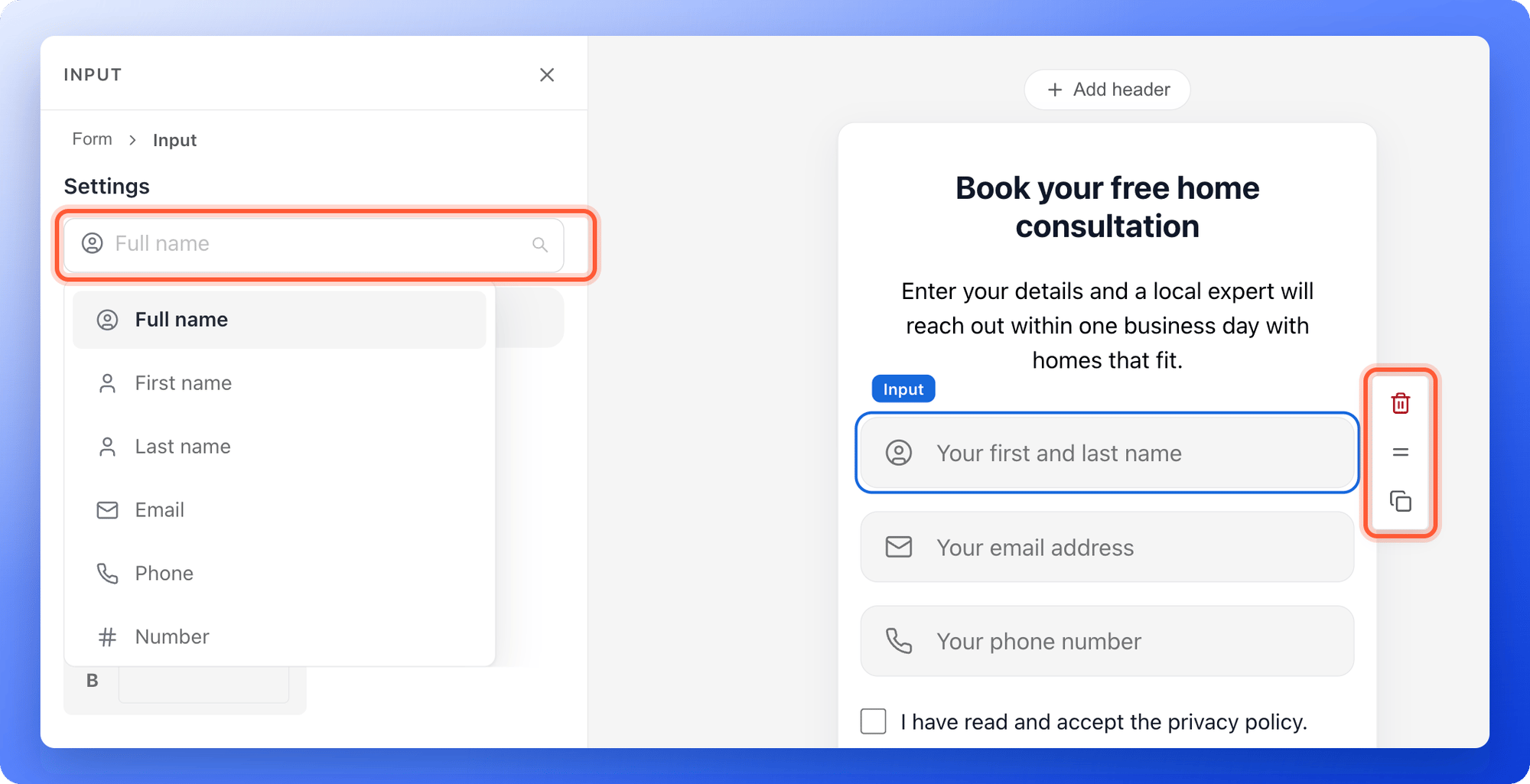 A selected form field with the field type list open and the toolbar with delete, reorder and duplicate icons highlighted