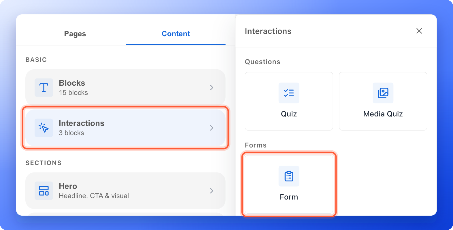 The Interactions menu, with Interactions and the Form block highlighted
