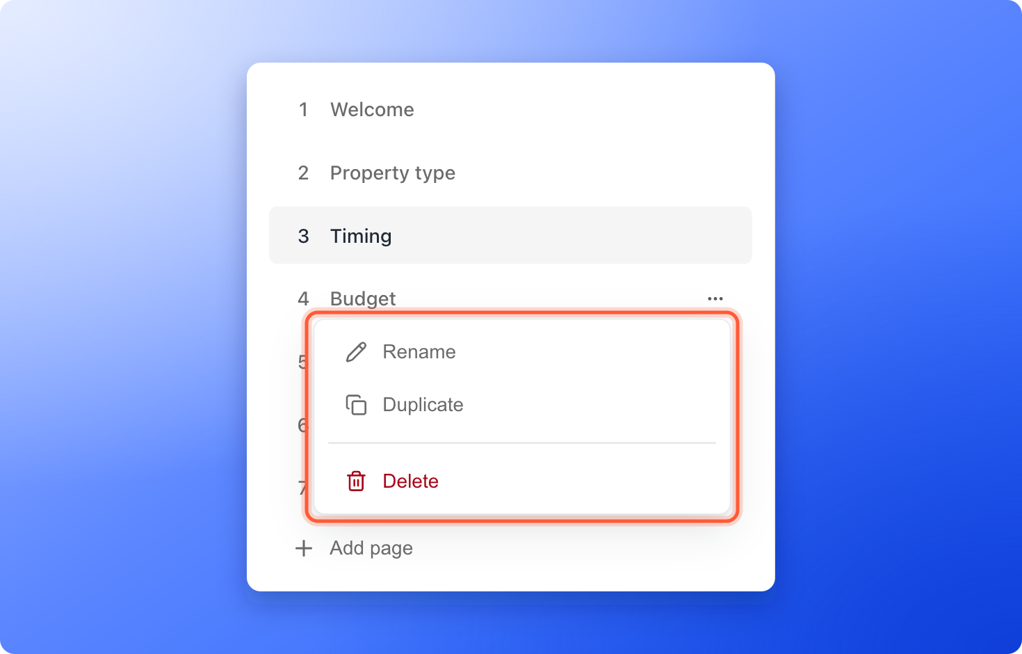 The page menu with Rename, Duplicate and Delete highlighted