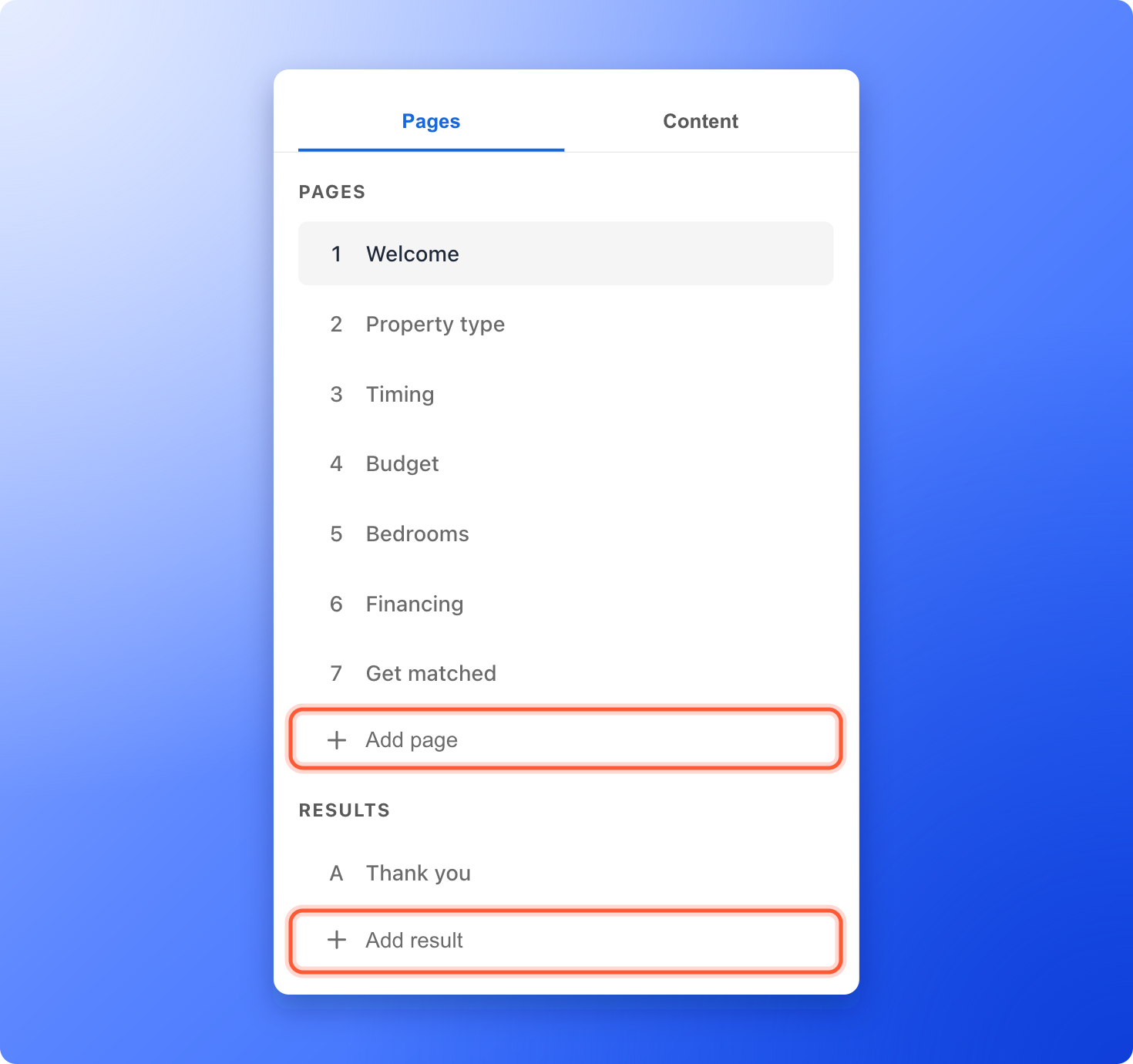 The Pages tab with the page list, the Add page button and the results list, with Add page and Add result highlighted