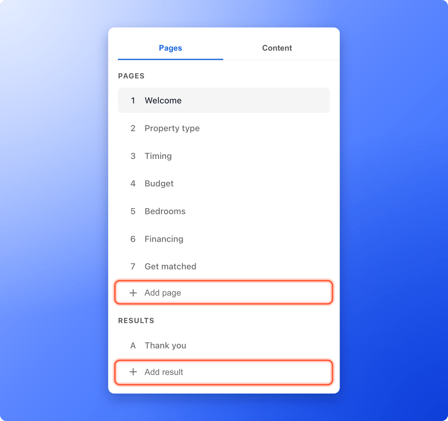 The Pages tab with the page list, the Add page button and the results list, with Add page and Add result highlighted