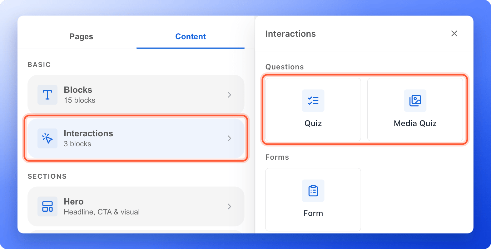 The Content tab with Interactions highlighted and the Quiz and Media Quiz blocks highlighted on the right