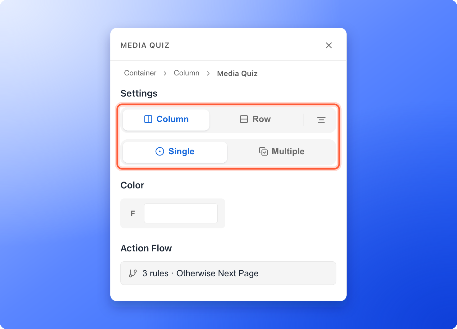 The Media Quiz settings with the Column, Row, Single and Multiple options highlighted