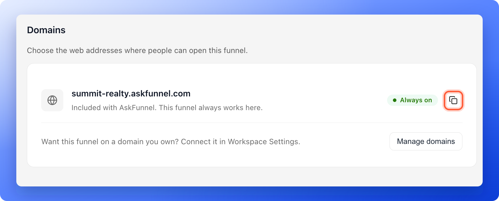 The Domains settings of a funnel with the copy icon next to the funnel address highlighted