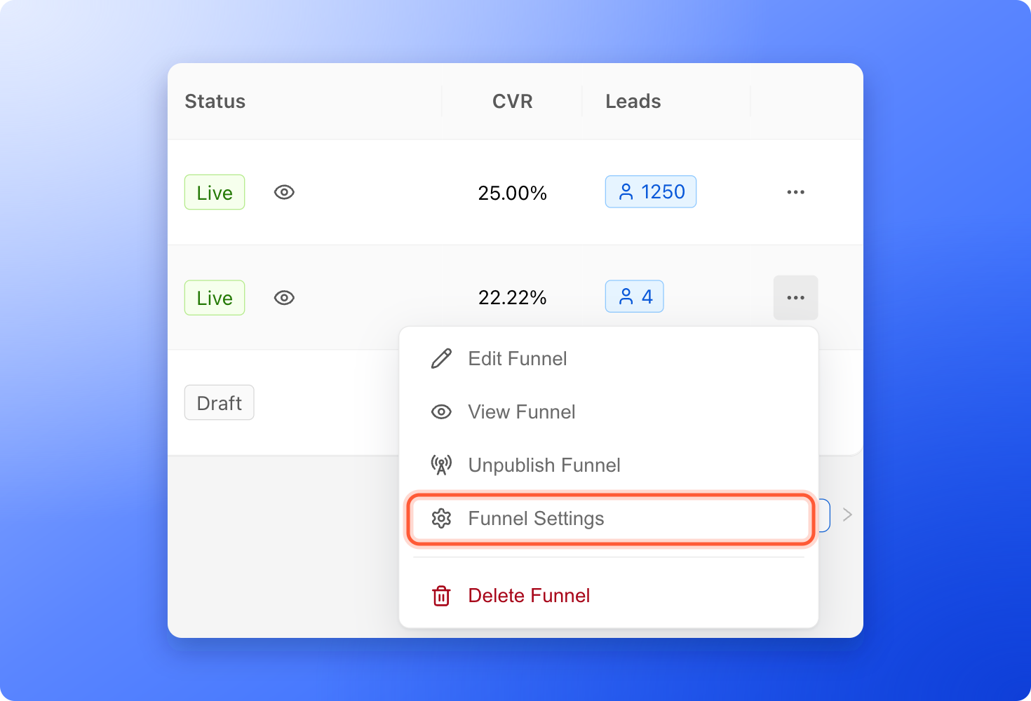 The three dots menu of a funnel row with Funnel Settings highlighted