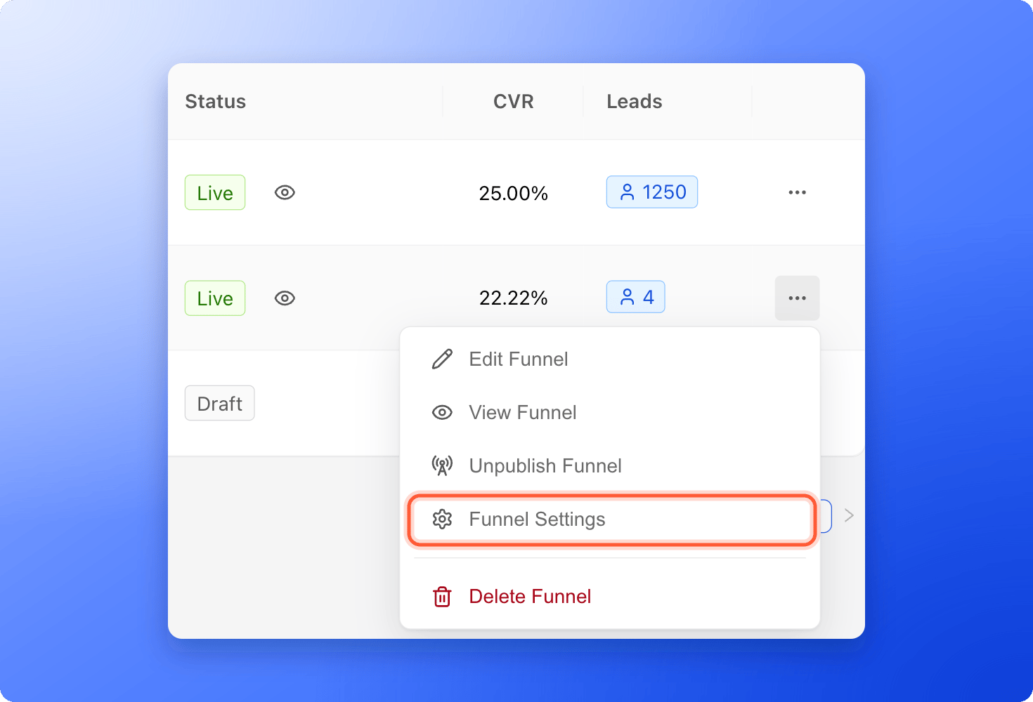 The three dots menu of a funnel row with Funnel Settings highlighted