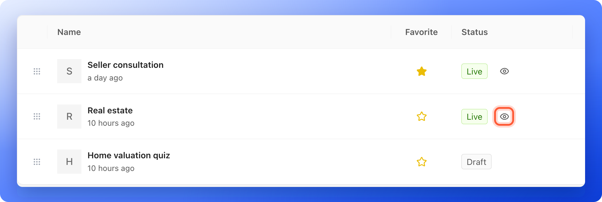 The Funnels list with Live badges and the eye icon next to the Real estate funnel highlighted