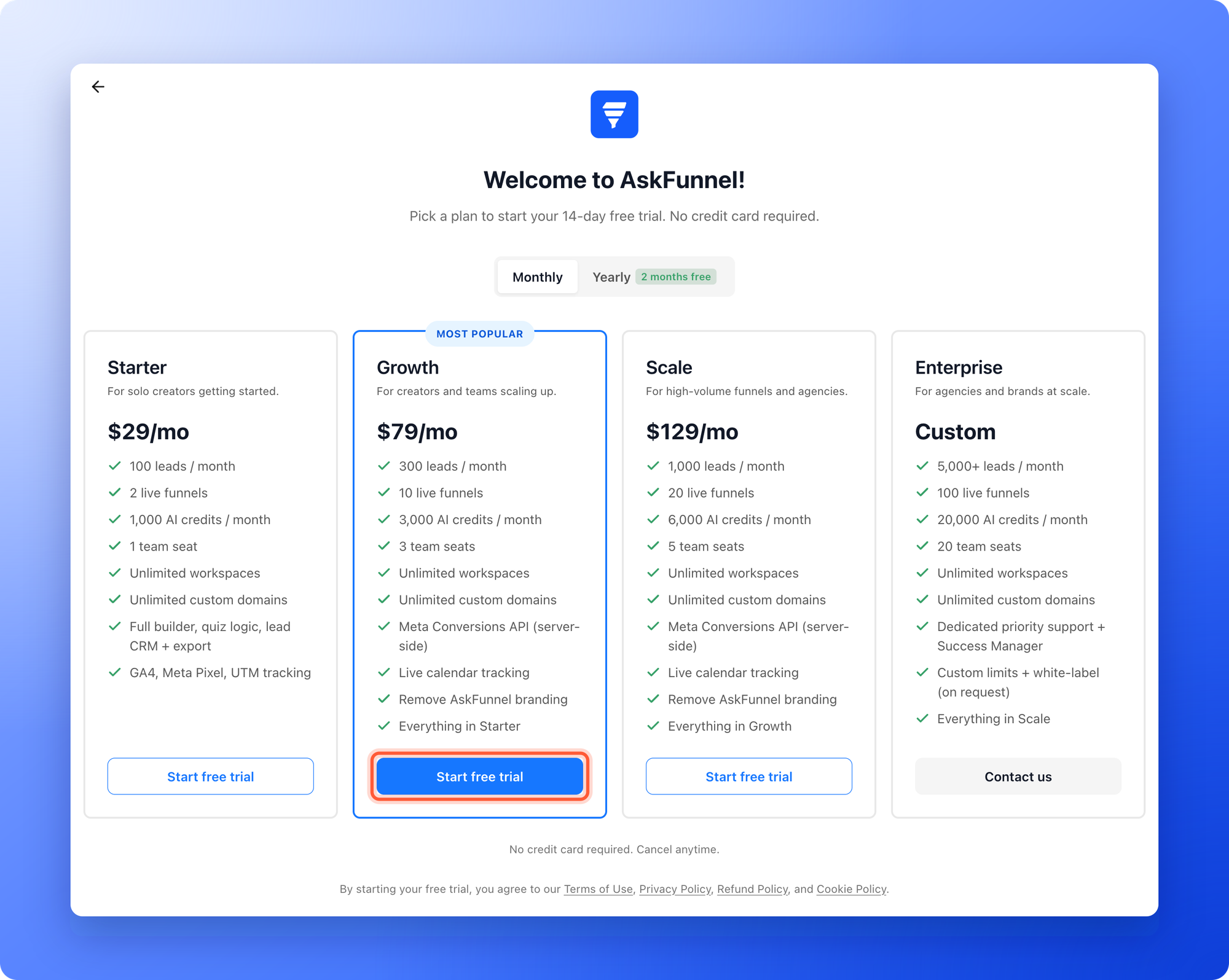 The plan step of the setup form, with Growth marked Most popular and its Start free trial button highlighted