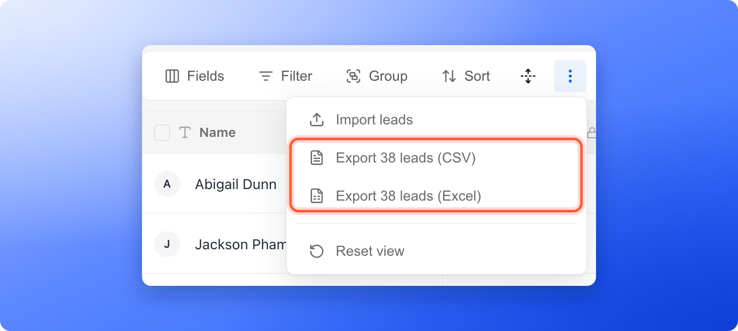 The View options menu with the CSV and Excel export options