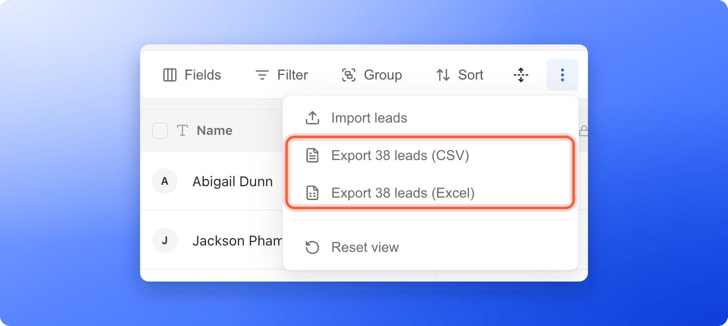 The View options menu with the CSV and Excel export options