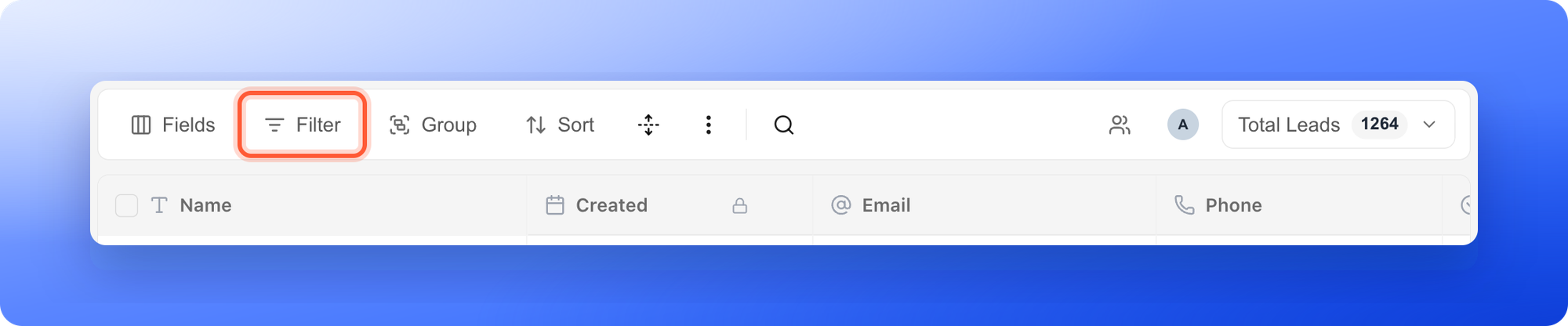 The Filter button in the leads toolbar, highlighted