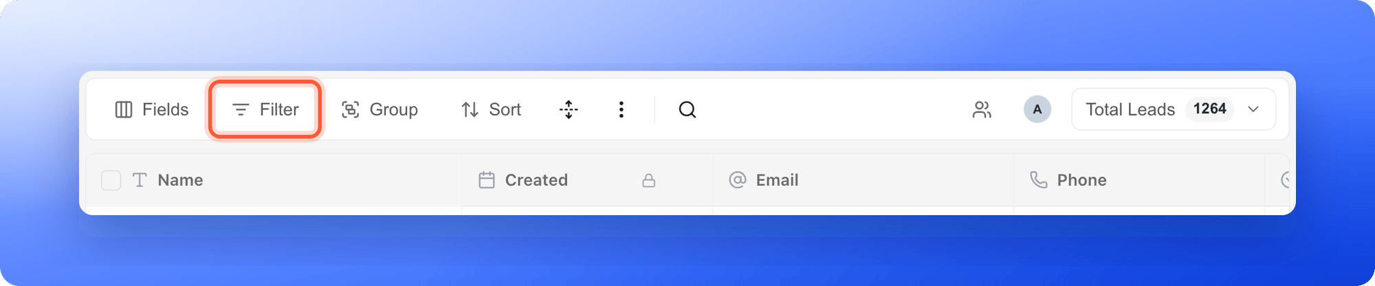 The Filter button in the leads toolbar, highlighted