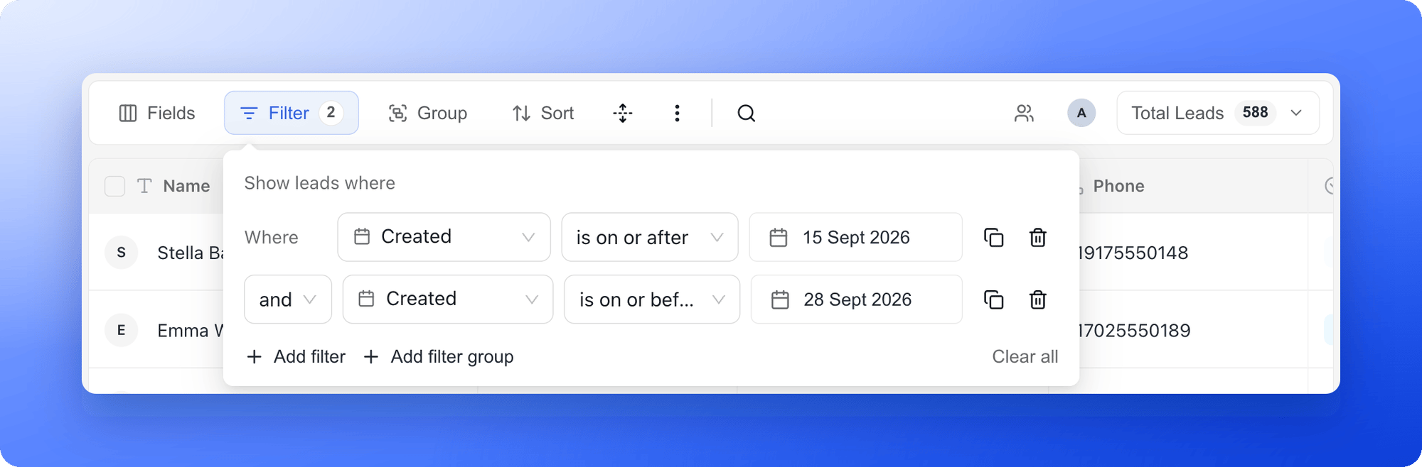 The filter panel with two conditions, Created is on or after 15 Sept 2026 and Created is on or before 28 Sept 2026
