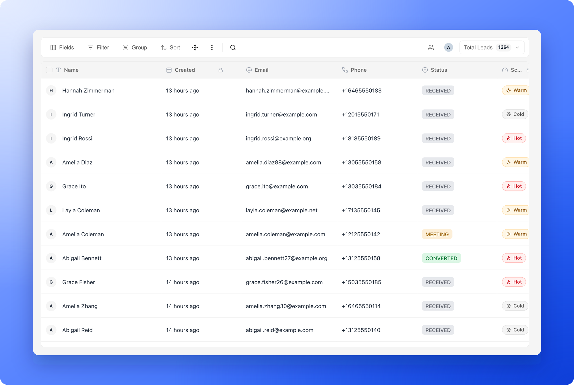 The toolbar above the table: Fields, Filter, Group, Sort, View options, search and Total Leads, and a table of leads with their status and score
