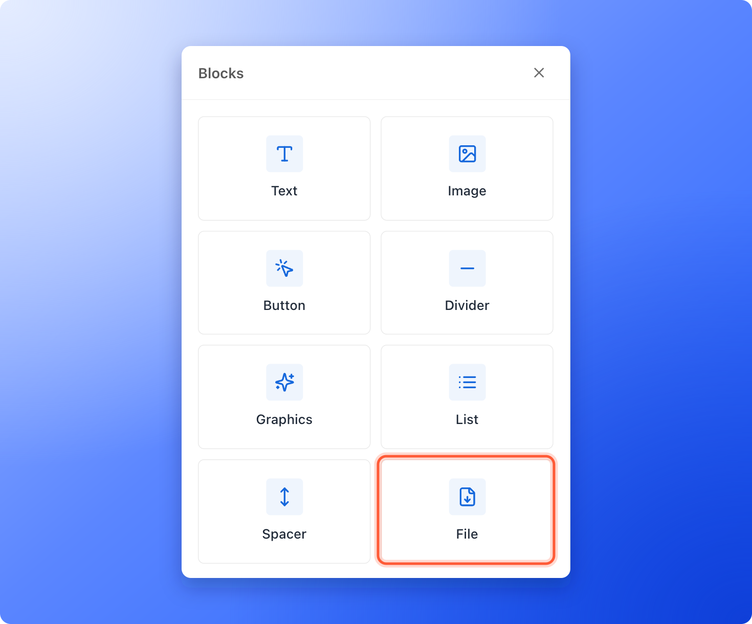 The block picker with the File block highlighted