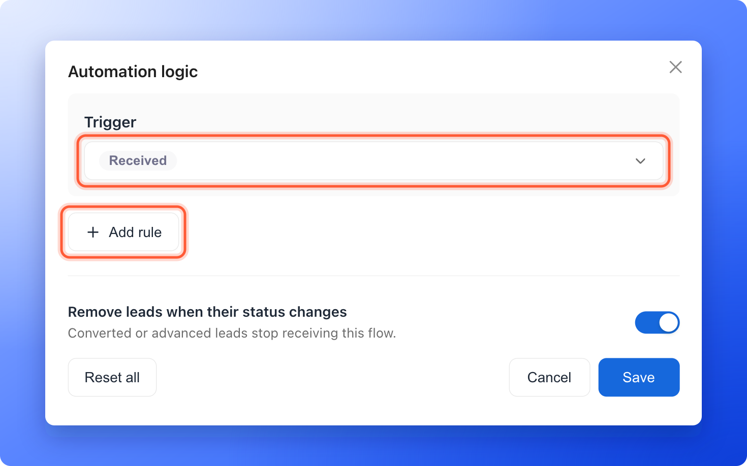 The Automation logic window with the trigger status and an Add rule button