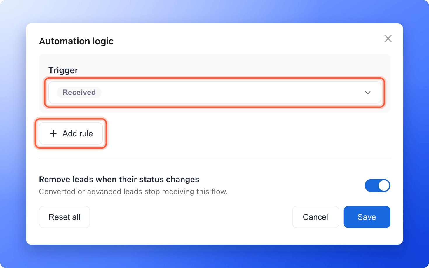 The Automation logic window with the trigger status and an Add rule button