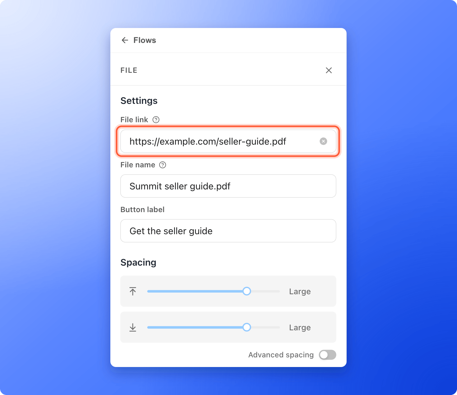 The File block settings with the File link field highlighted