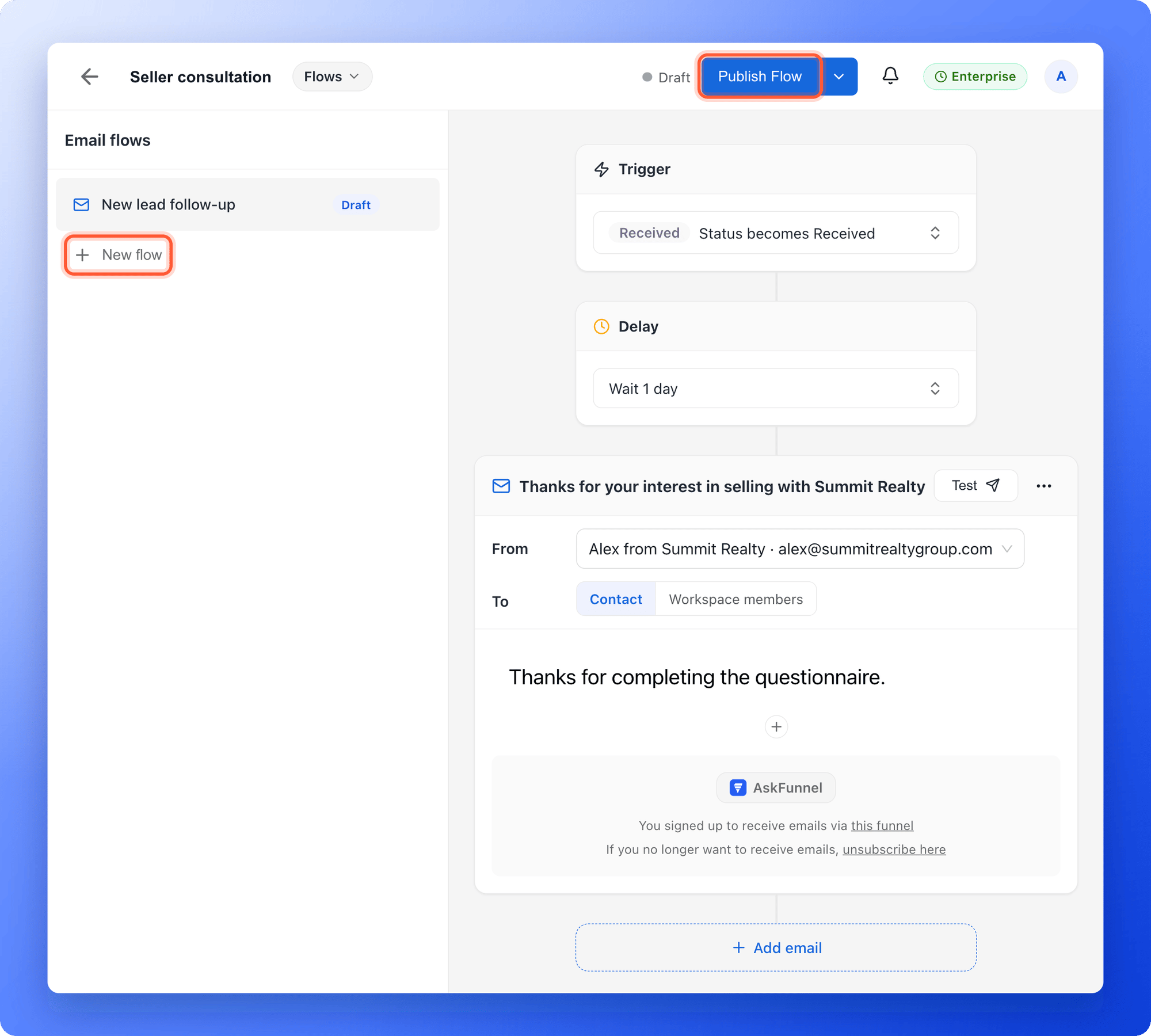 The flow editor with the Trigger, Delay and email cards, and the New flow and Publish Flow buttons highlighted