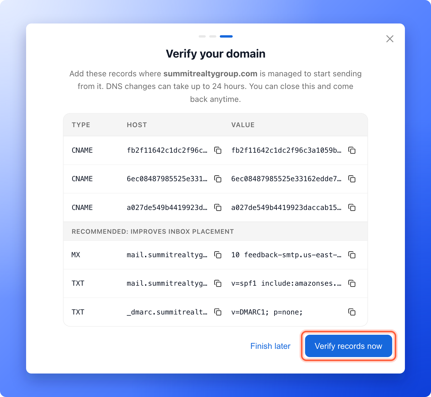 The Verify your domain window with the DNS records and the Verify records now button