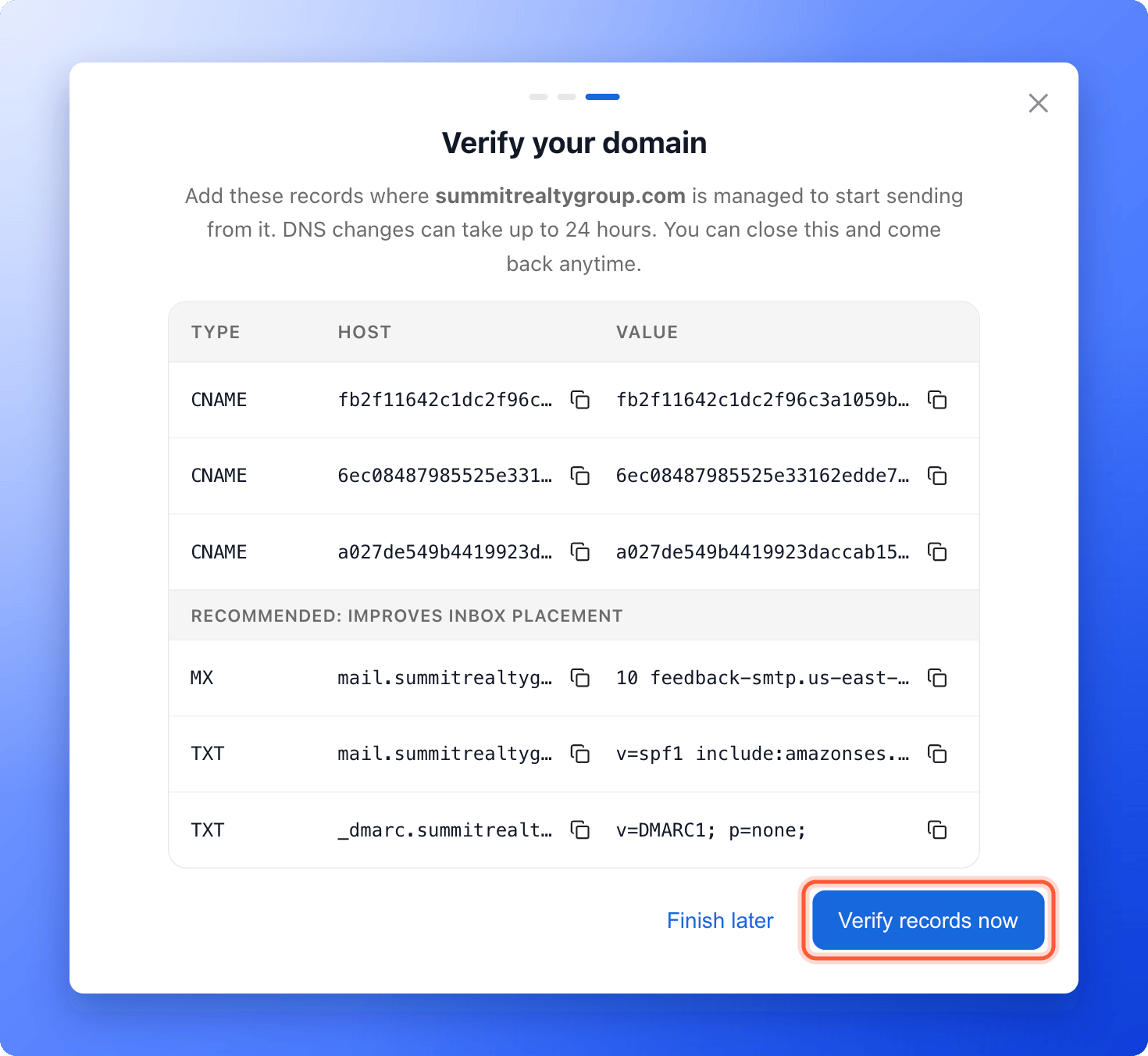 The Verify your domain window with the DNS records and the Verify records now button