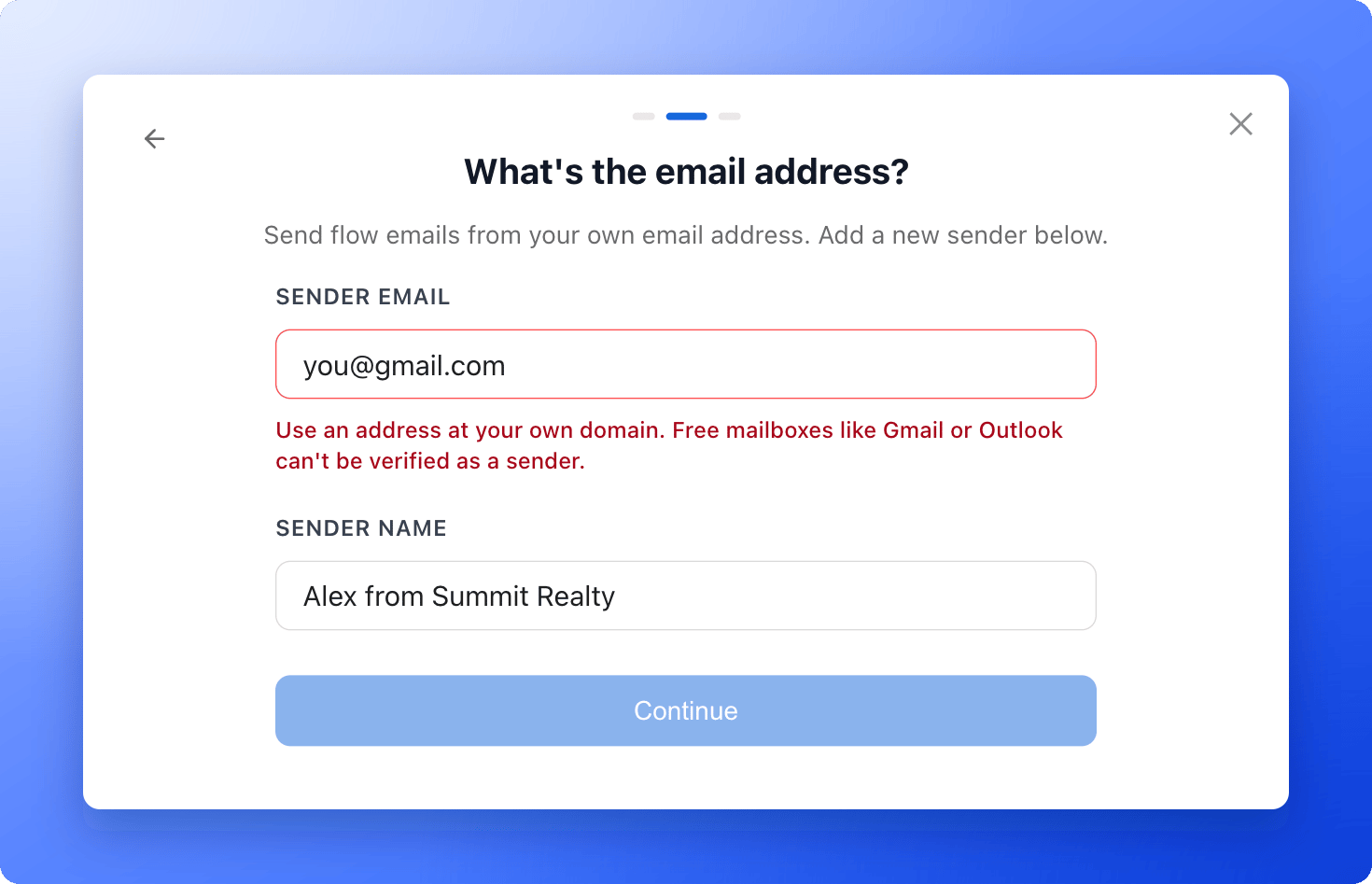 The error shown when the sender email is a free address such as Gmail