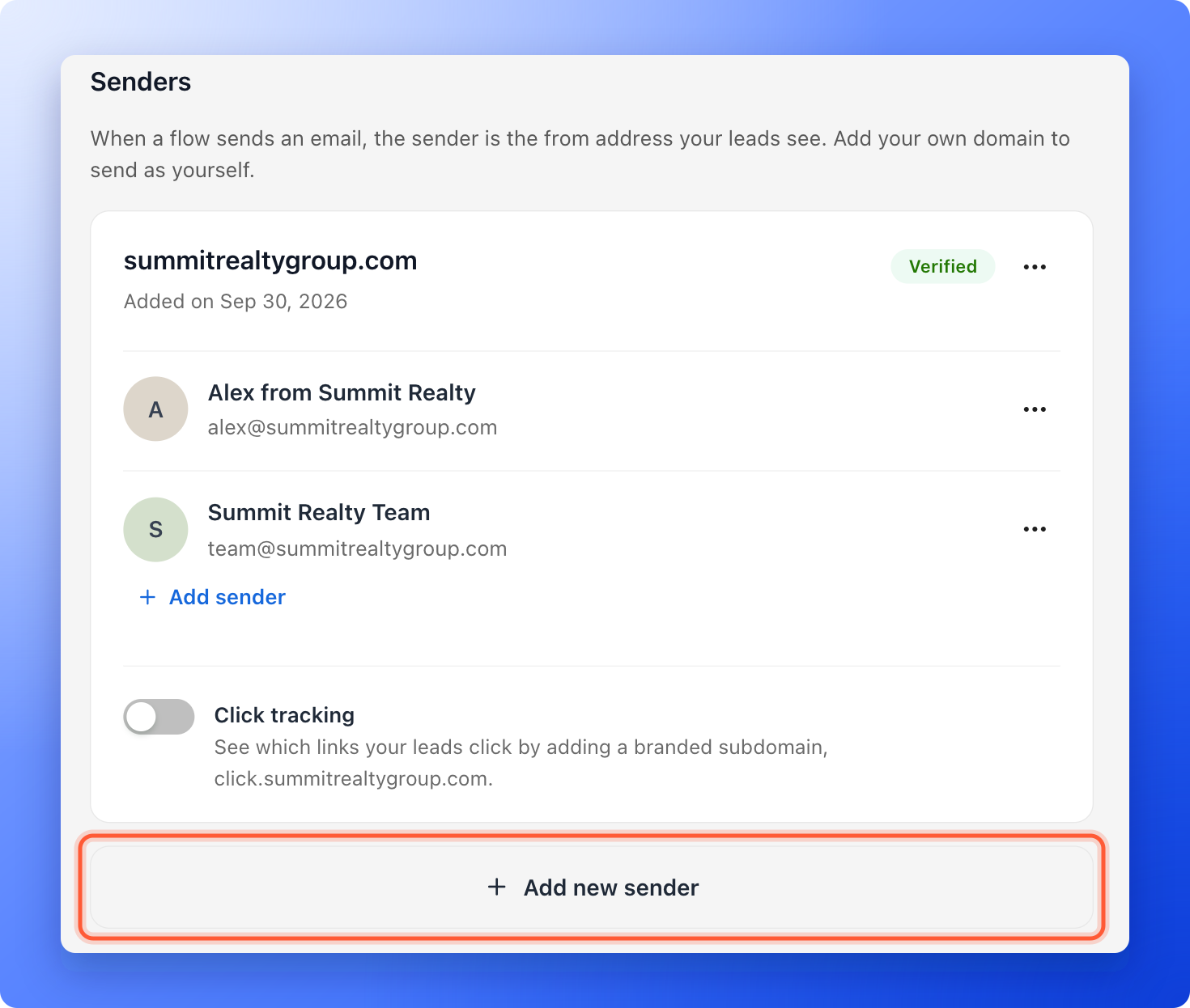 The Senders tab in Workspace Settings, with the Add new sender button highlighted