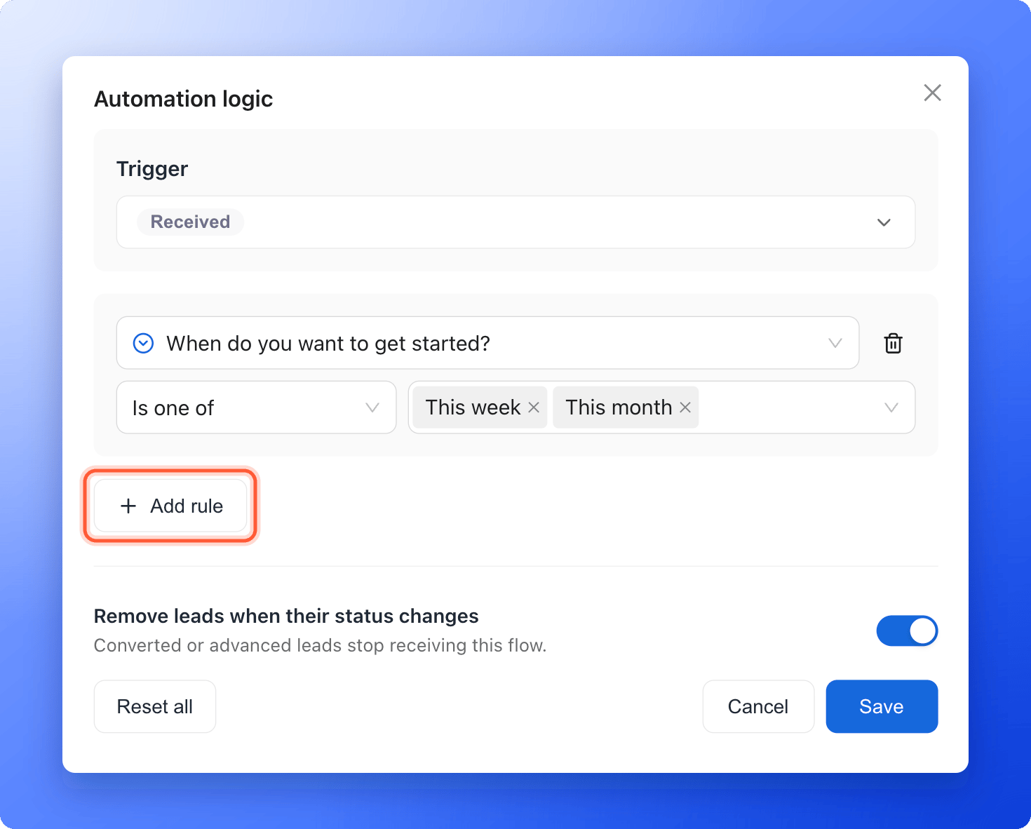 The Automation logic window with the trigger status and an Add rule button