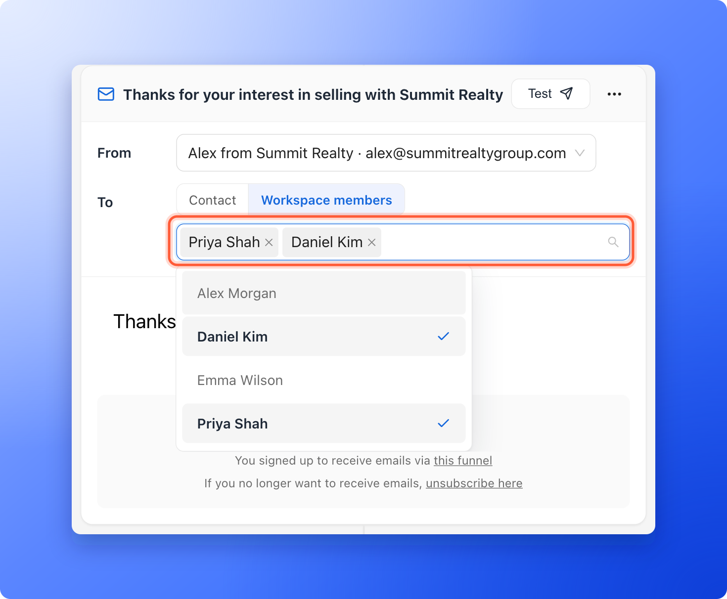 The To setting switched to Workspace members, with the member list open