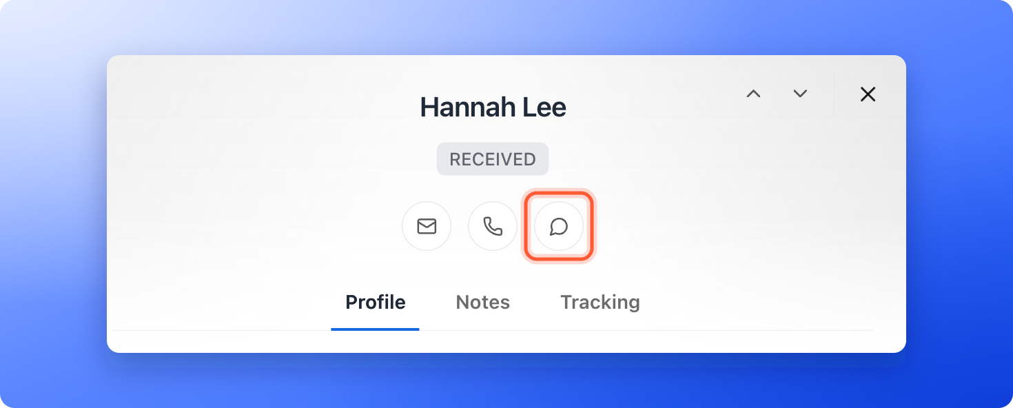 The top of a lead's panel with the WhatsApp icon highlighted next to the email and call icons