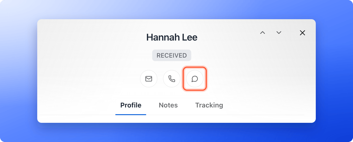 The top of a lead's panel with the WhatsApp icon highlighted next to the email and call icons