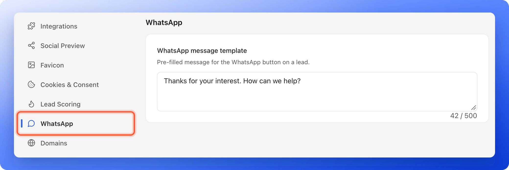 The WhatsApp section of Funnel Settings with the WhatsApp menu item highlighted and the message template field