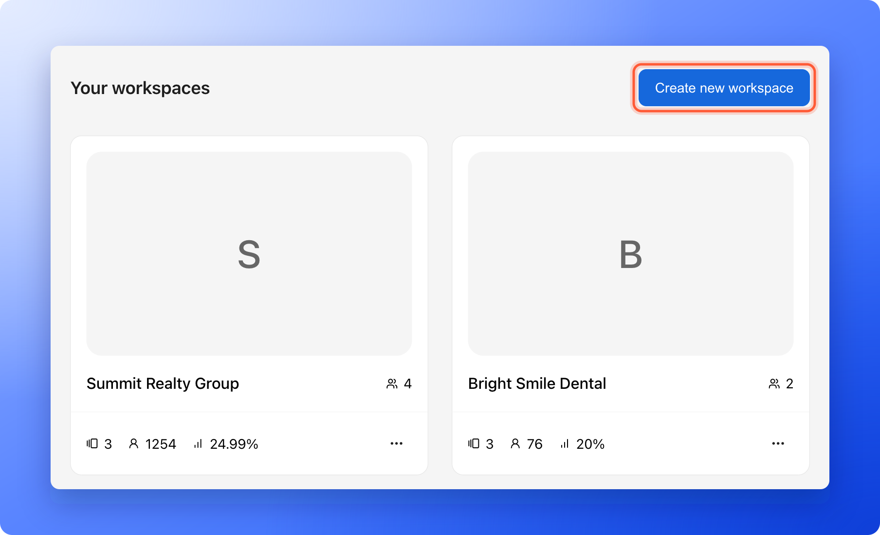 The Your workspaces page with the Create new workspace button highlighted