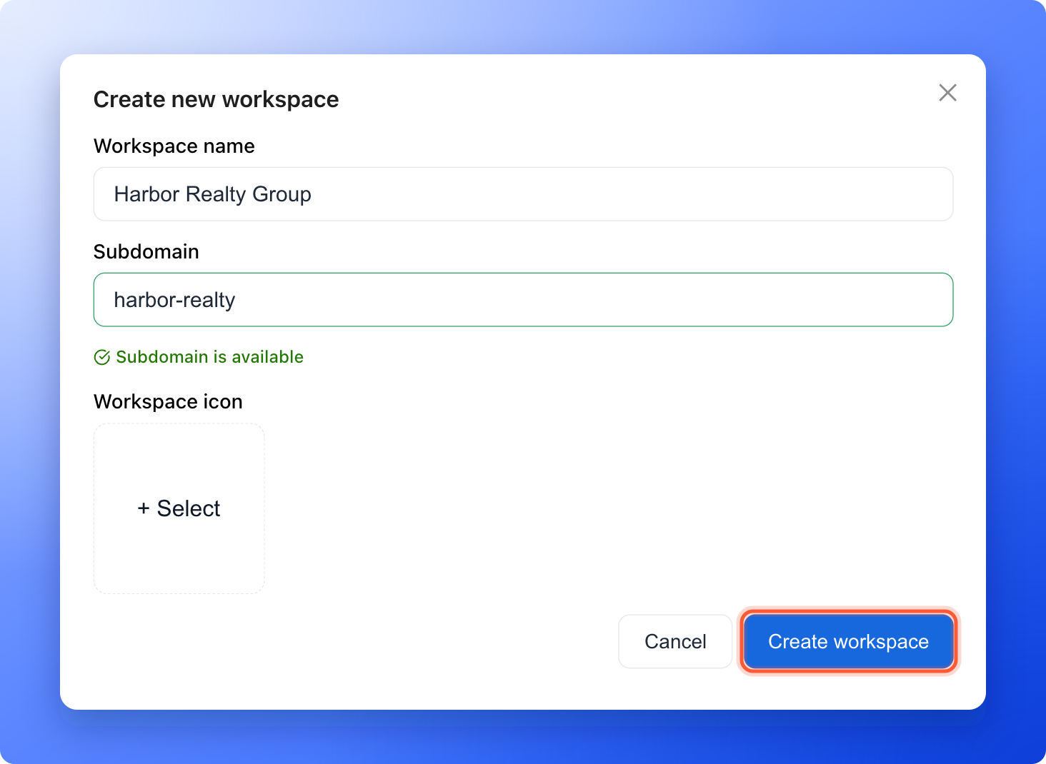 The Create new workspace window with a name and subdomain filled in and Subdomain is available shown