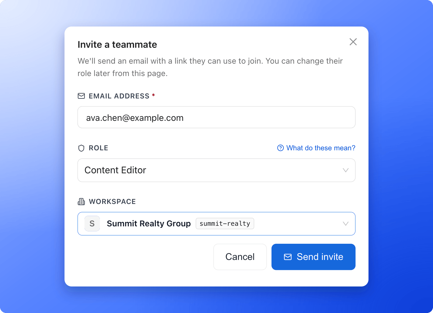 The Invite a teammate window with an email address, the Content Editor role and the Summit Realty Group workspace filled in