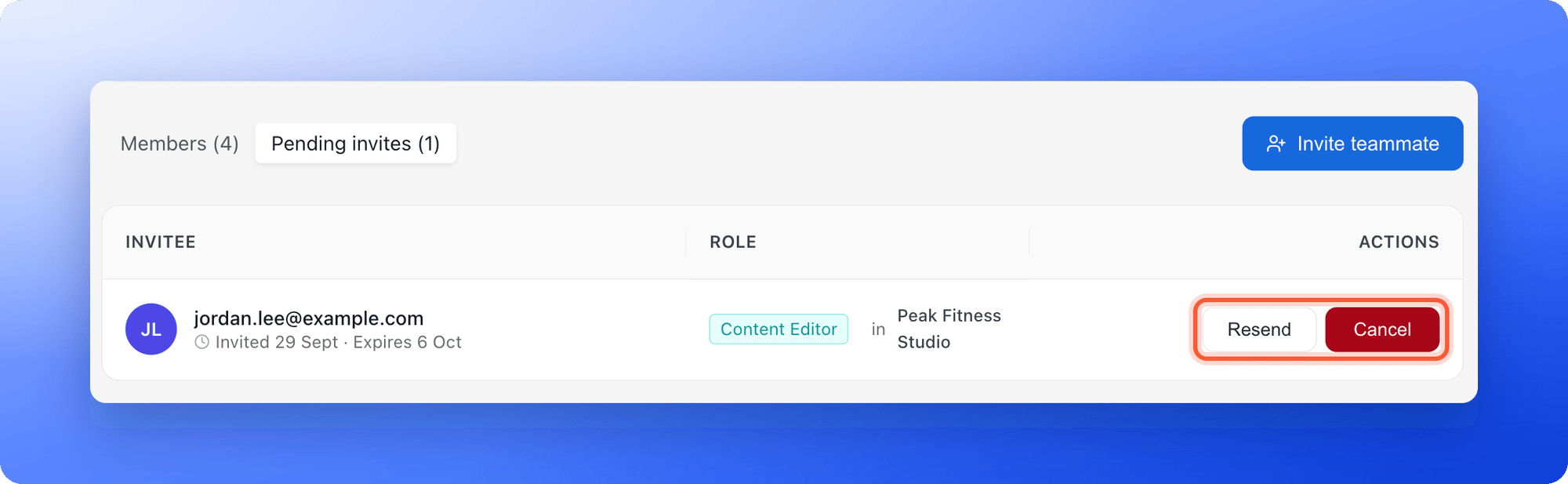 The Resend and Cancel buttons in the Actions column, highlighted