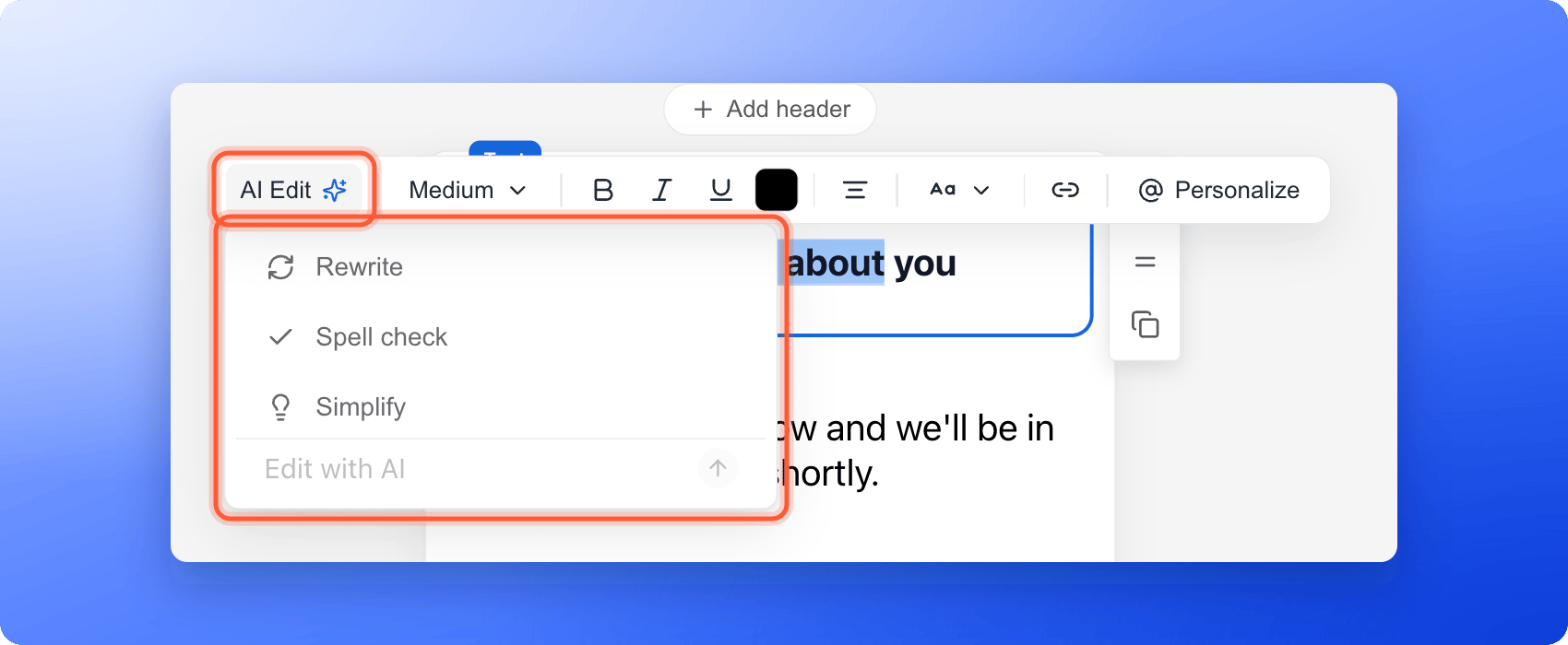 A headline with some words selected in the builder, the floating text toolbar above it with the AI Edit button, and the AI Edit menu open showing Rewrite, Spell check, Simplify and the Edit with AI box at the bottom, the AI Edit button and the open menu highlighted