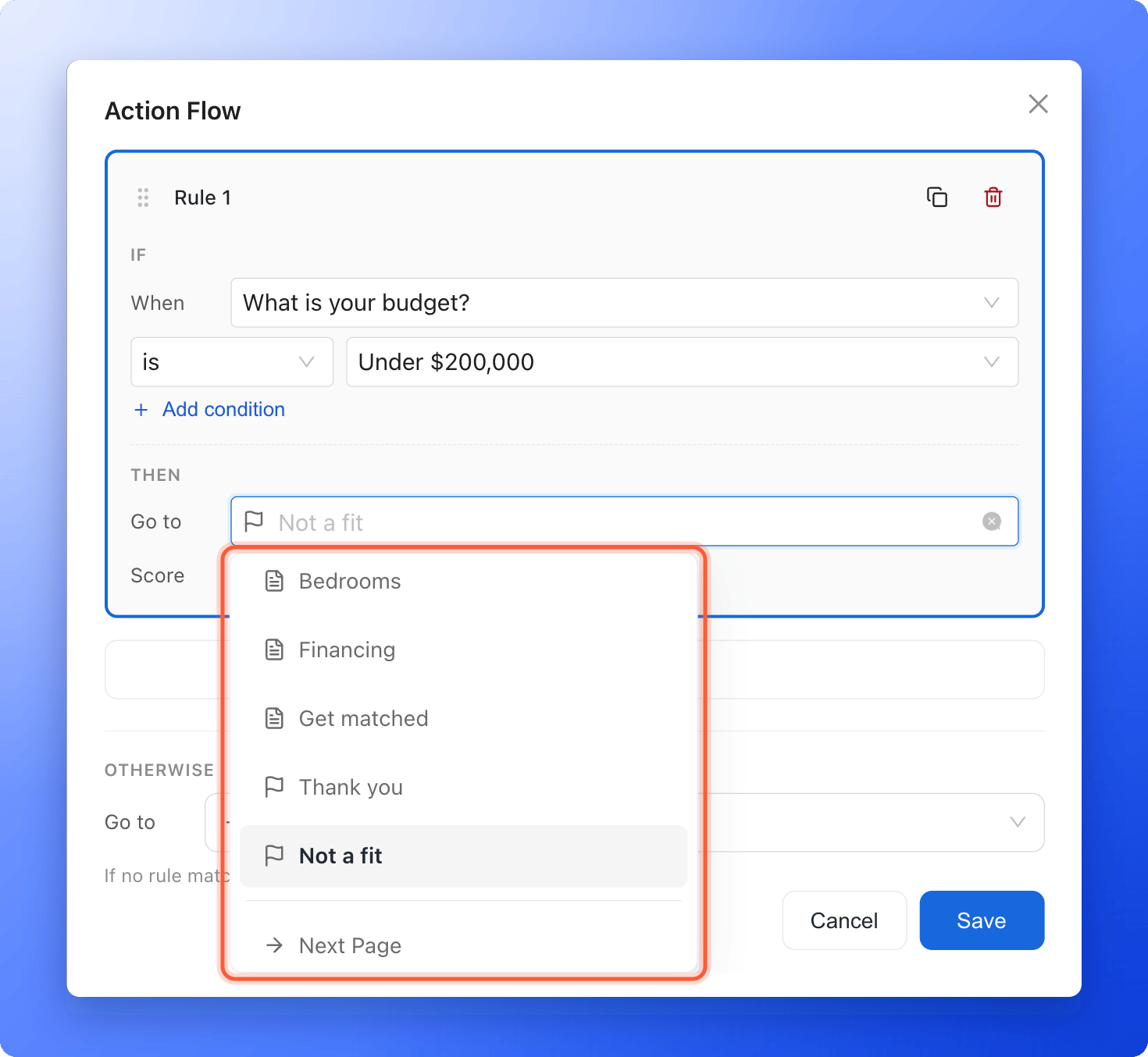 The Go to drop-down list of a rule, open, showing pages with a page icon, results with a flag icon and Next Page at the bottom, highlighted