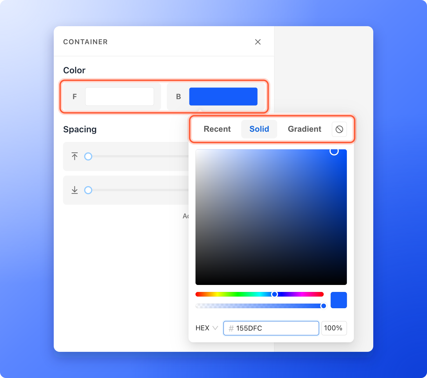 The Color section of a selected block with the F and B swatches, and the color picker open on the Solid tab with a hex code typed in, highlighted