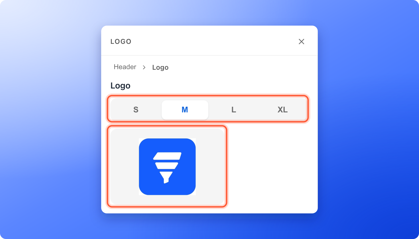 The Logo section of the left panel with the size buttons S, M, L and XL and the logo picture, highlighted