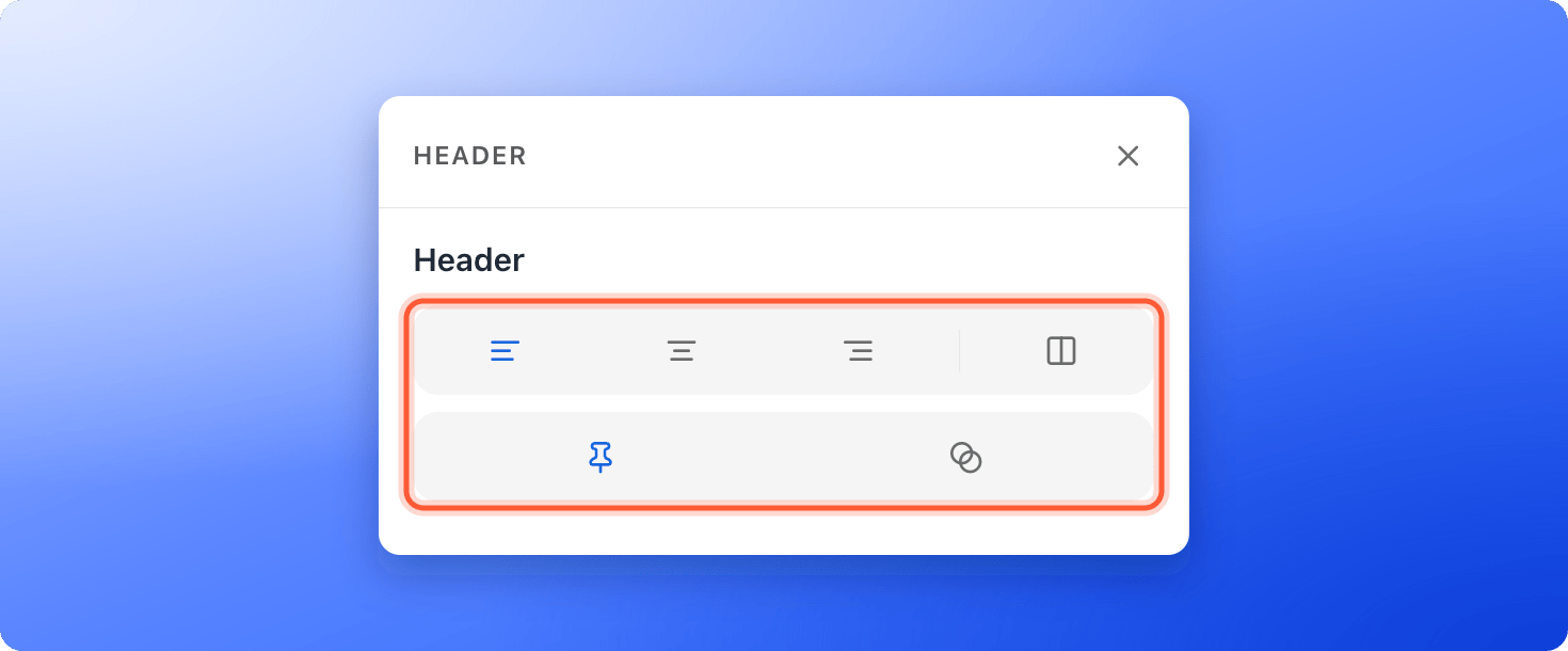 The left panel of a selected header with the layout icons and the Fixed header and Frosted glass header icons, highlighted, and Fixed header switched on