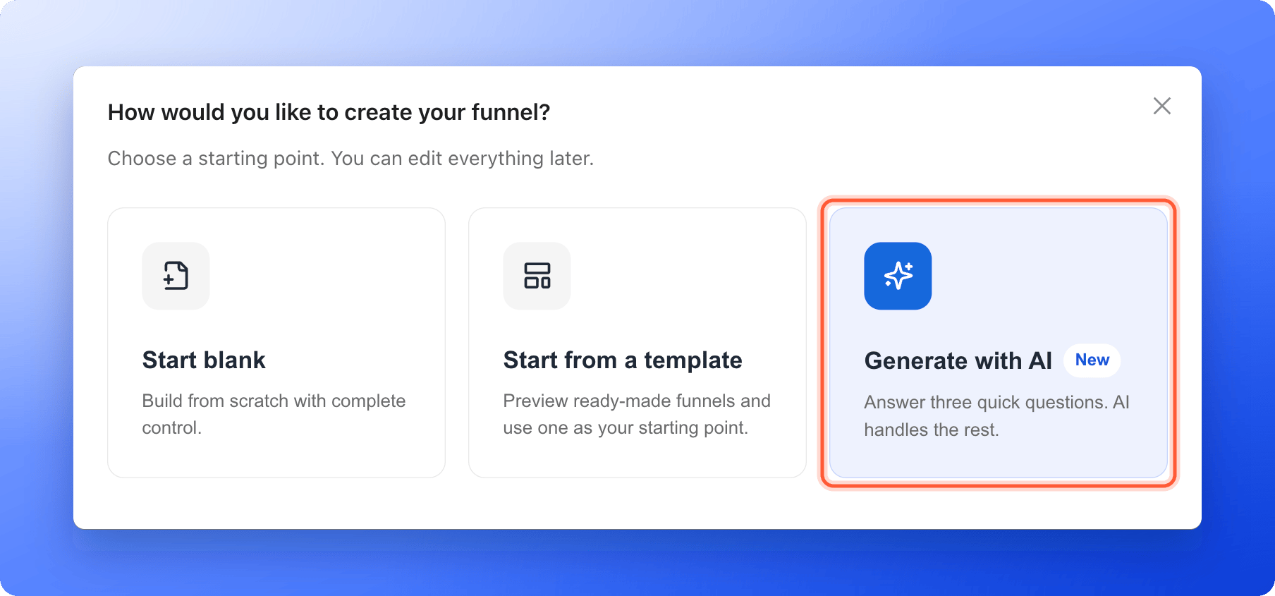 The How would you like to create your funnel window with the cards Start blank, Start from a template and Generate with AI, and the Generate with AI card highlighted