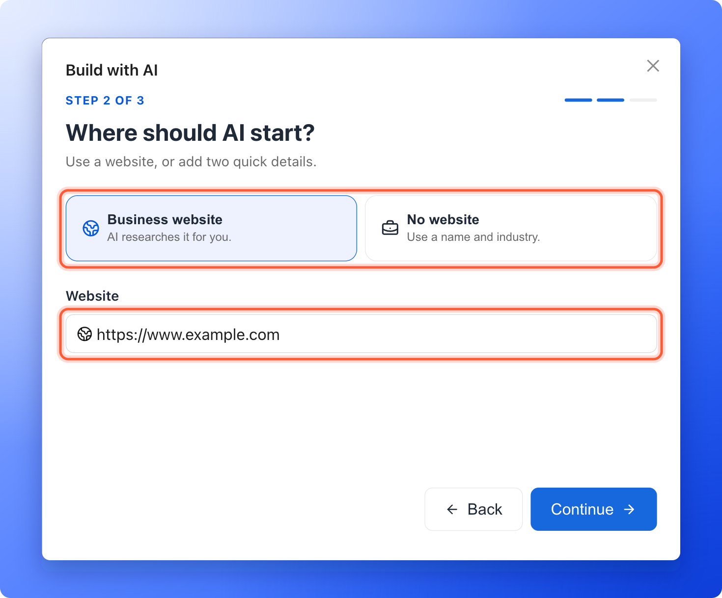 The Build with AI window on step 2 of 3 with the Business website and No website cards and the Website box filled in, highlighted